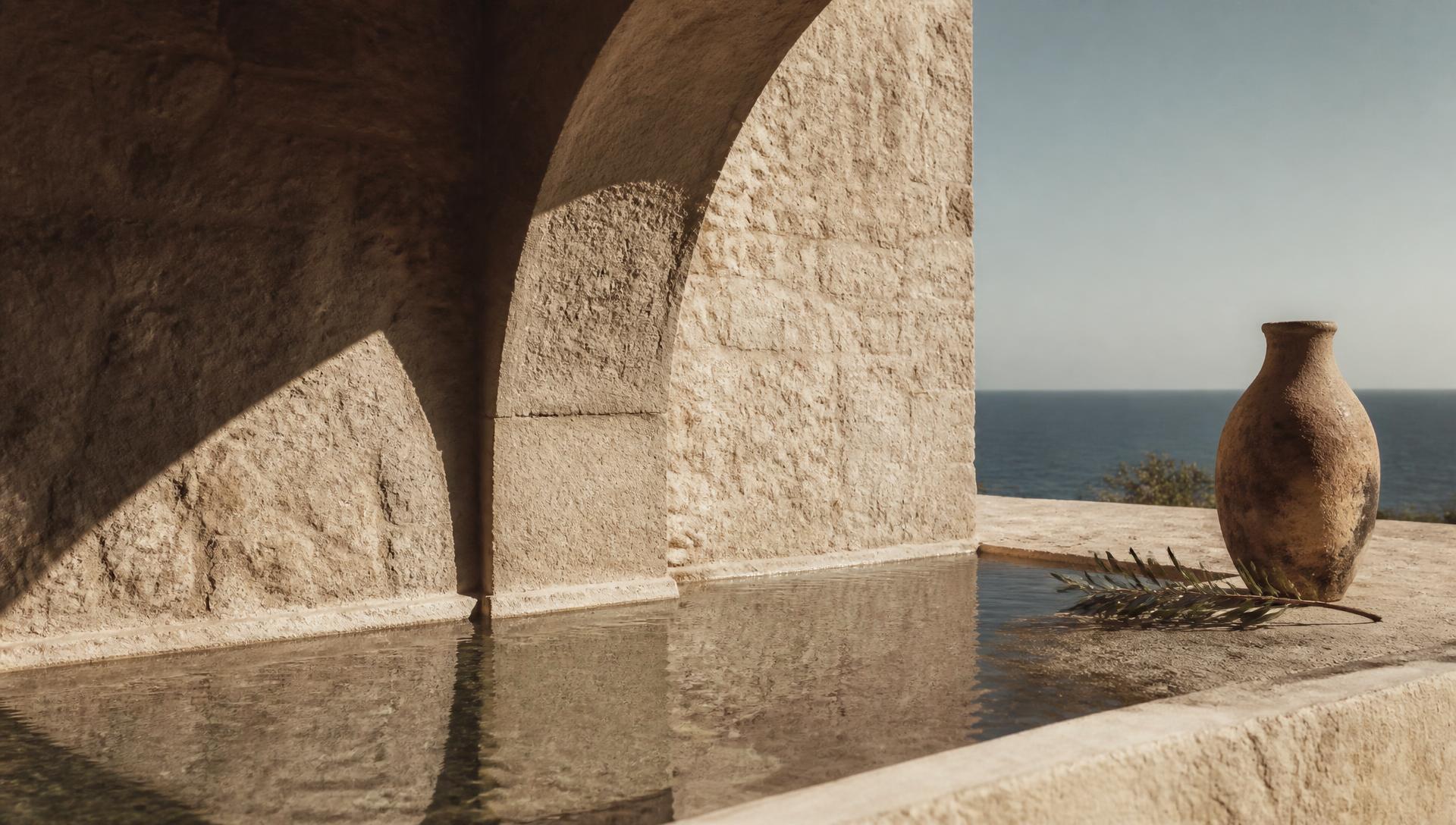 Limestone terrace, still water and deep architectural shadow above the Mediterranean