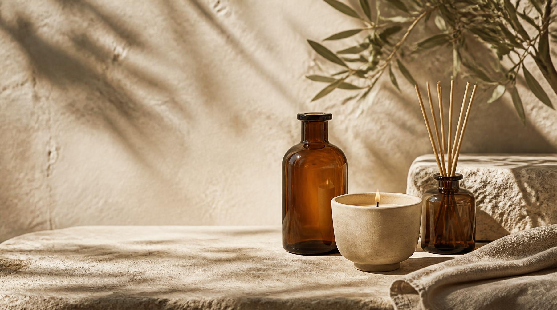 Amber bottle, ceramic candle and reed diffuser on limestone
